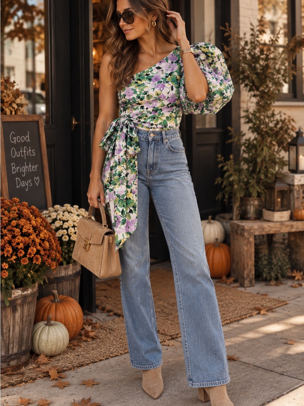 One-Shoulder Floral Top with Tie Detail - Lavender/Green